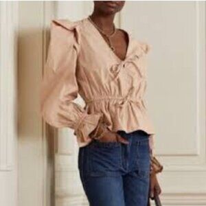 NWT Ulla Johnson Sabina Ruffled Cotton-poplin Peplum Blouse in Pale Oak S $275